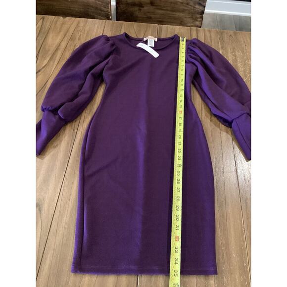 Karen T Design Balloon Long Sleeve Midi mini bodycon fitted Dress Purple S NWT - Picture 4 of 10